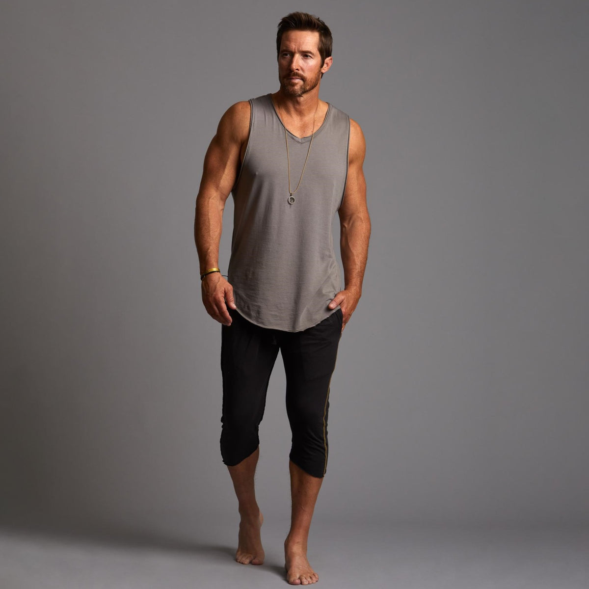 Male modeling Slate gray yogo mid shorts