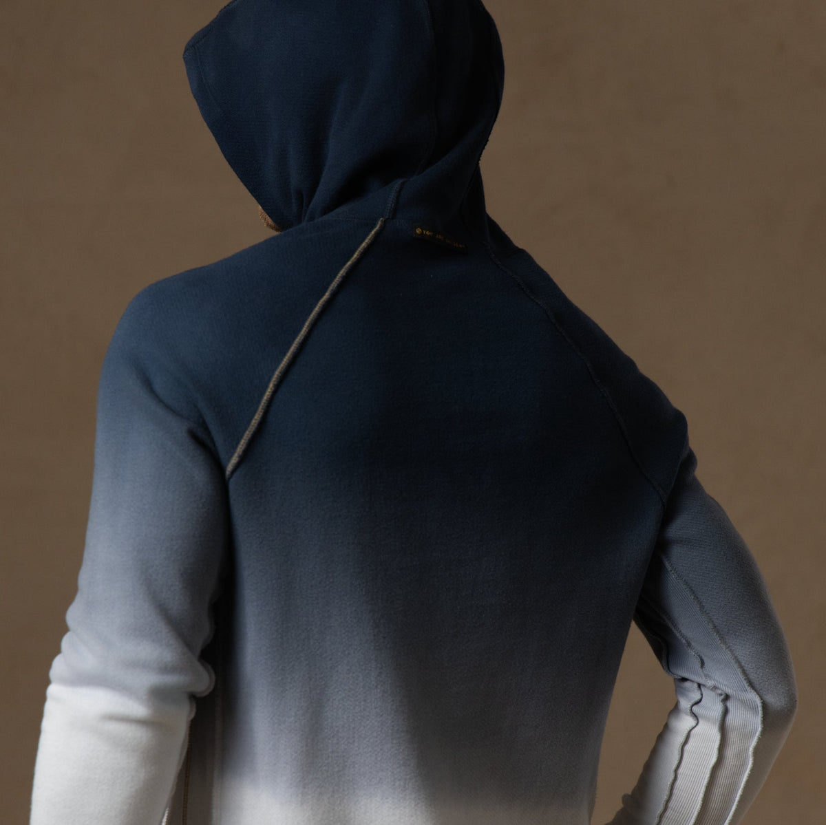 a male modeling the pullover plush hoodie in a blue gradient