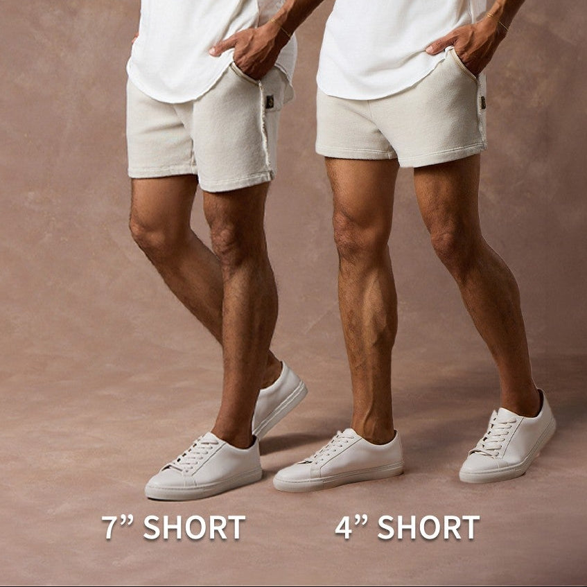 male modeling white stone resort shorts in different sizes