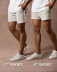 male modeling white stone resort shorts in different sizes