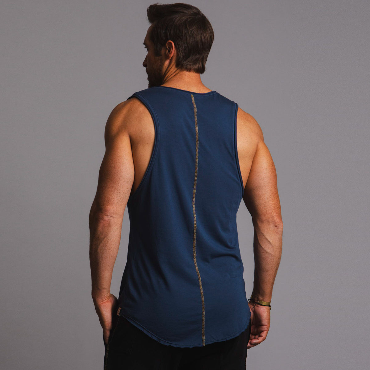 Man modeling a Royal blue tank top