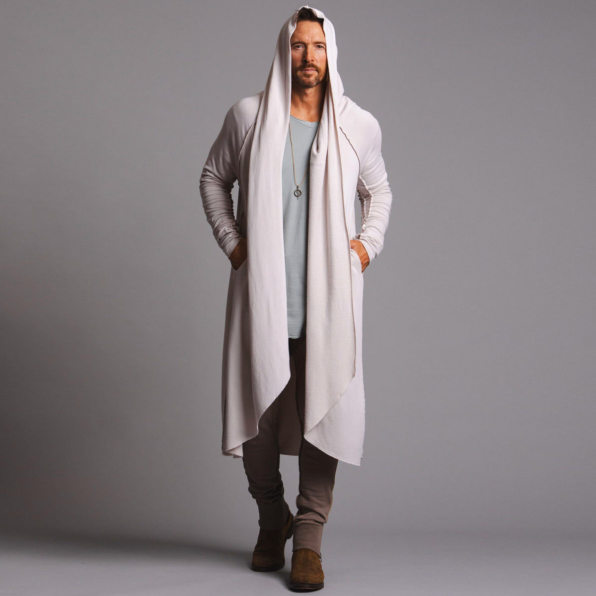 Male modeling off white kairos duster