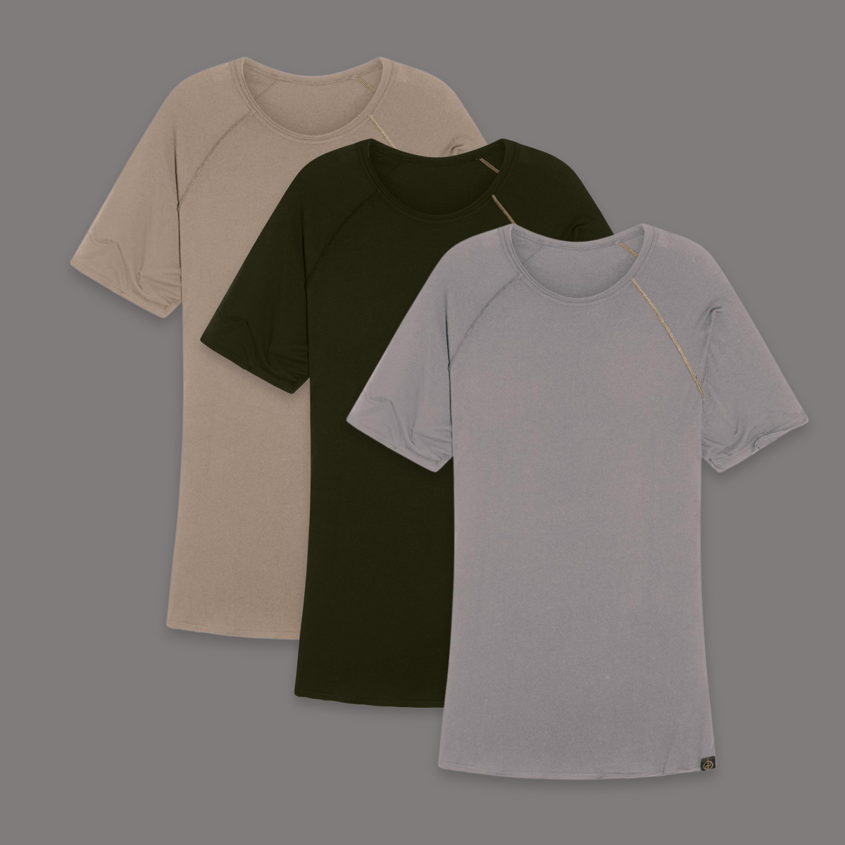 Flat lay of ultimate tee three pack in different colors