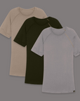 Flat lay of ultimate tee three pack in different colors