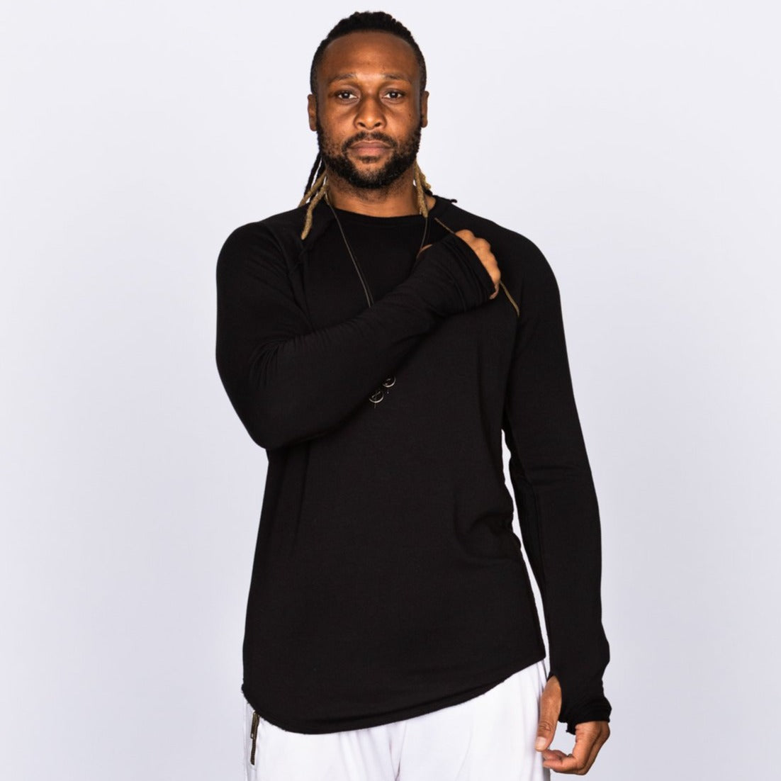 Male modeling black long sleeve raglan