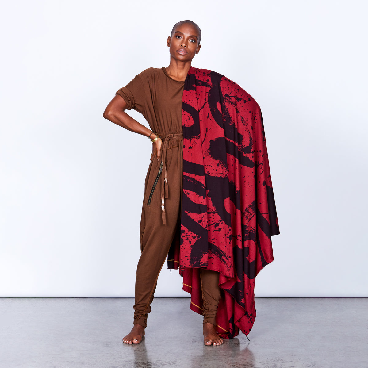 Woman modeling red Ruben LOVE nature wrap