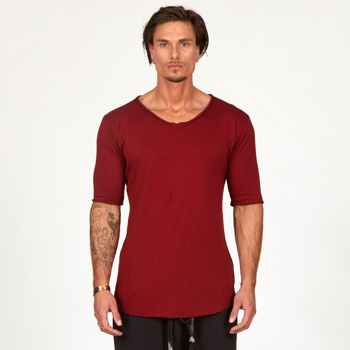 Male modeling a Merlot Red V Neck Tree Shirt