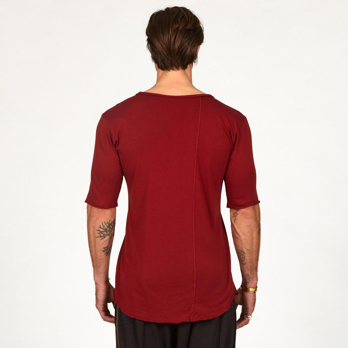 Male modeling a Merlot Red V Neck Tree Shirt