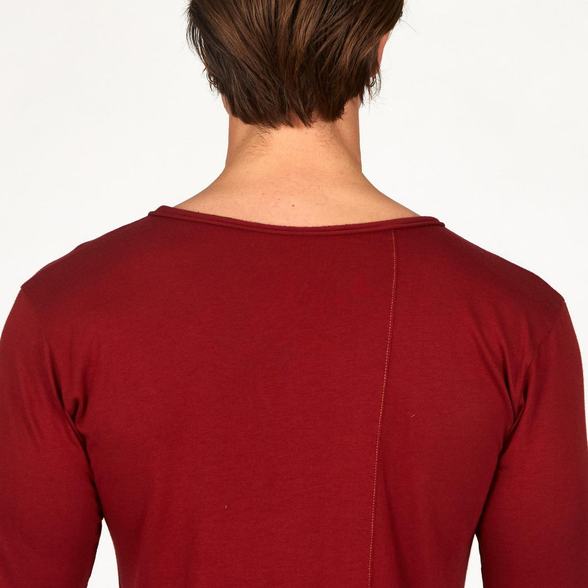 Male modeling a Merlot Red V Neck Tree Shirt