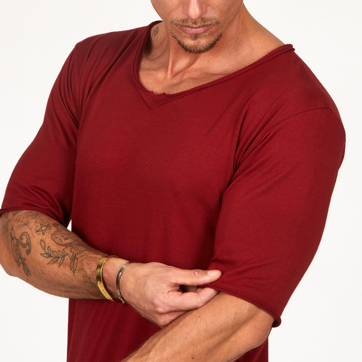 Male modeling a Merlot Red V Neck Tree Shirt