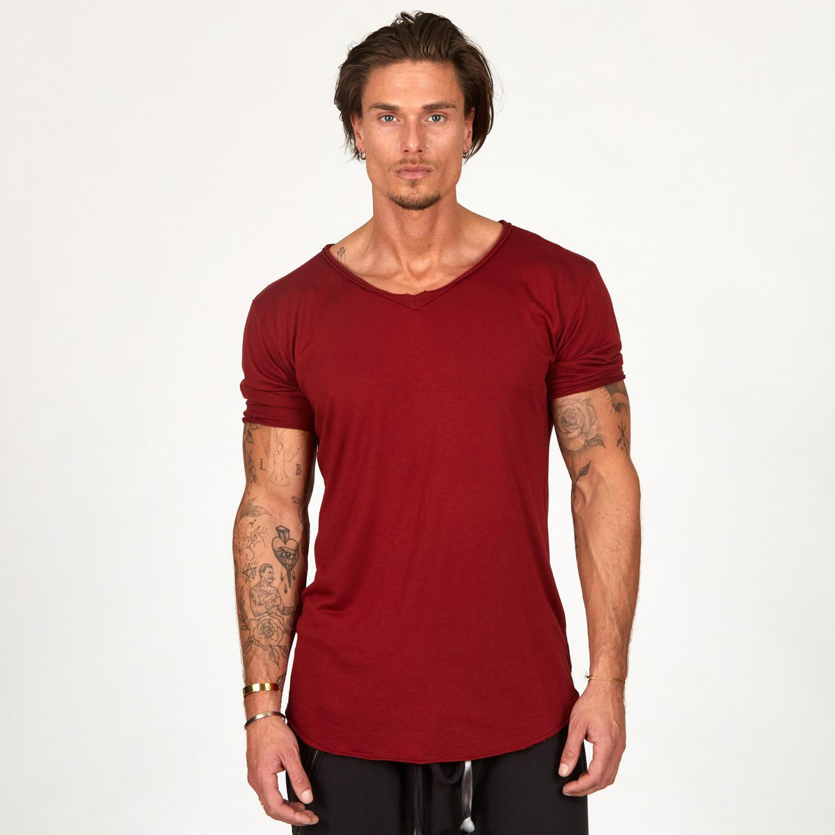 Male modeling a Merlot Red V Neck Tree Shirt