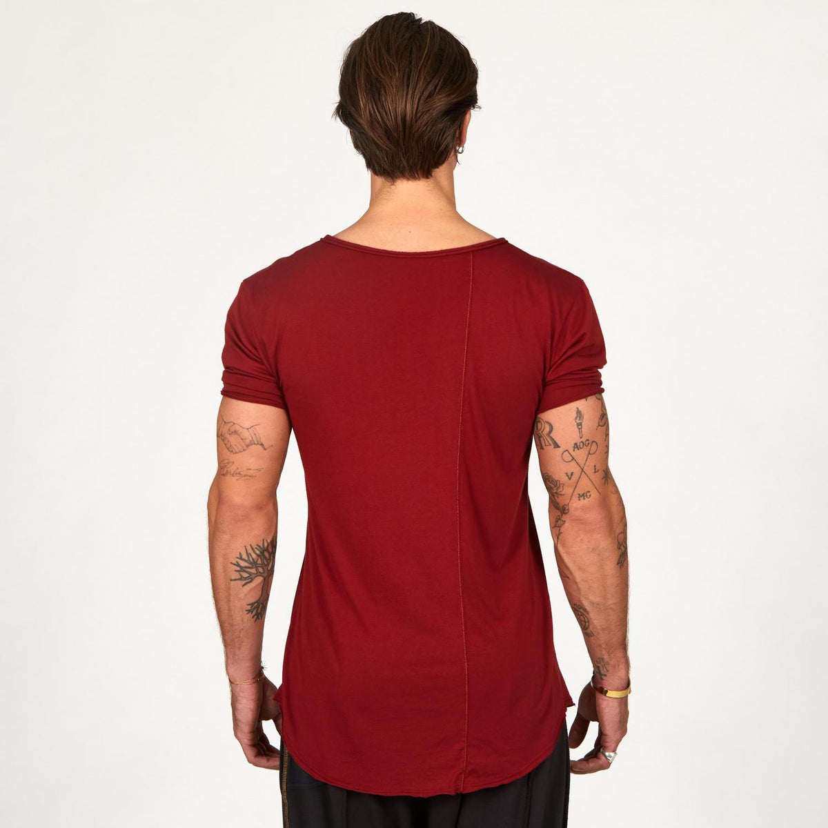 Male modeling a Merlot Red V Neck Tree Shirt