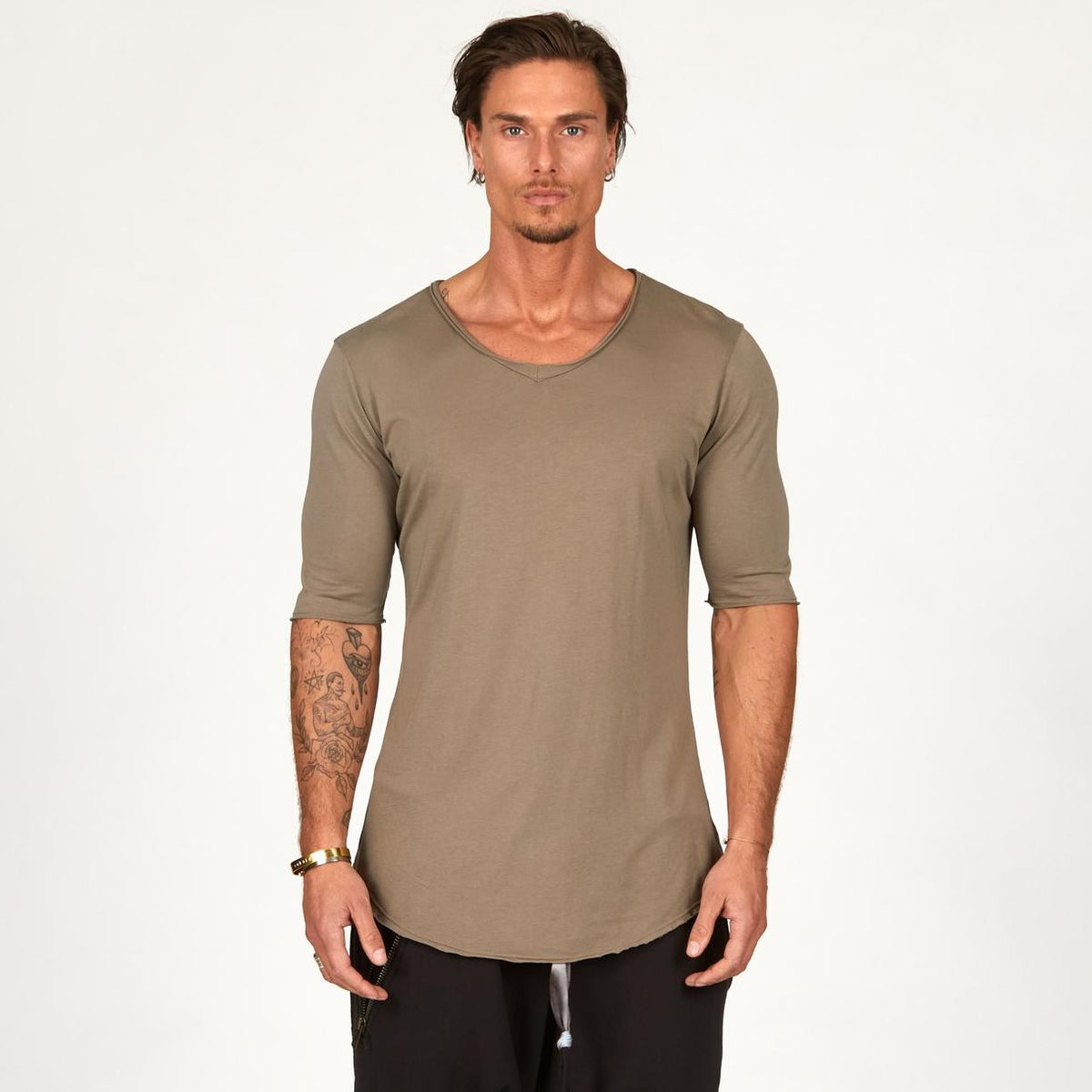 Male modeling Shroom colored V Neck Tree Shirt