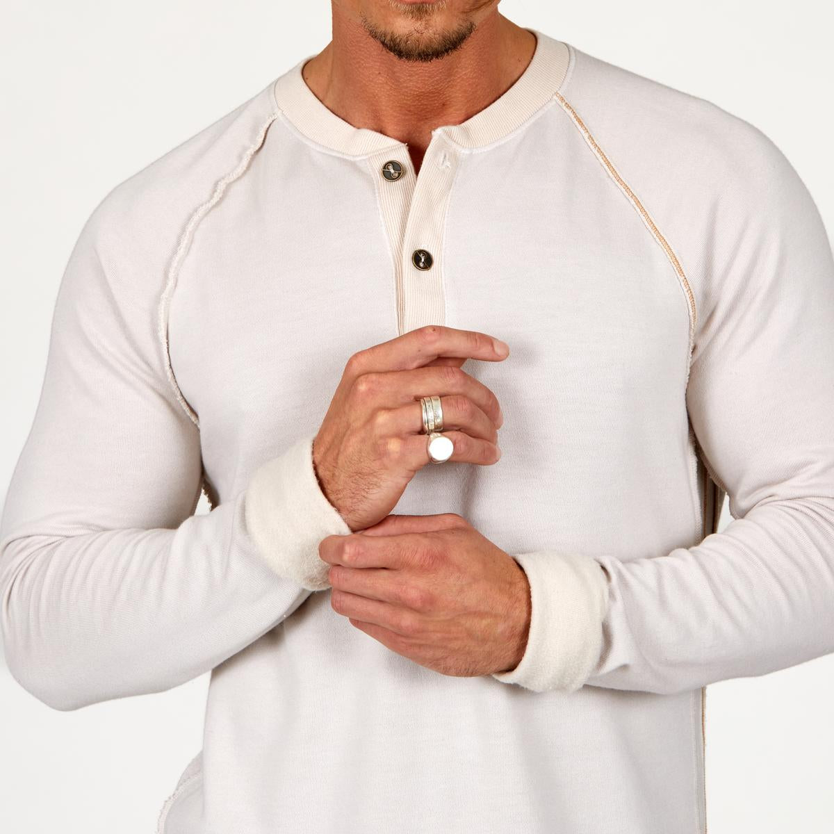 male modeling white long sleeve shirt