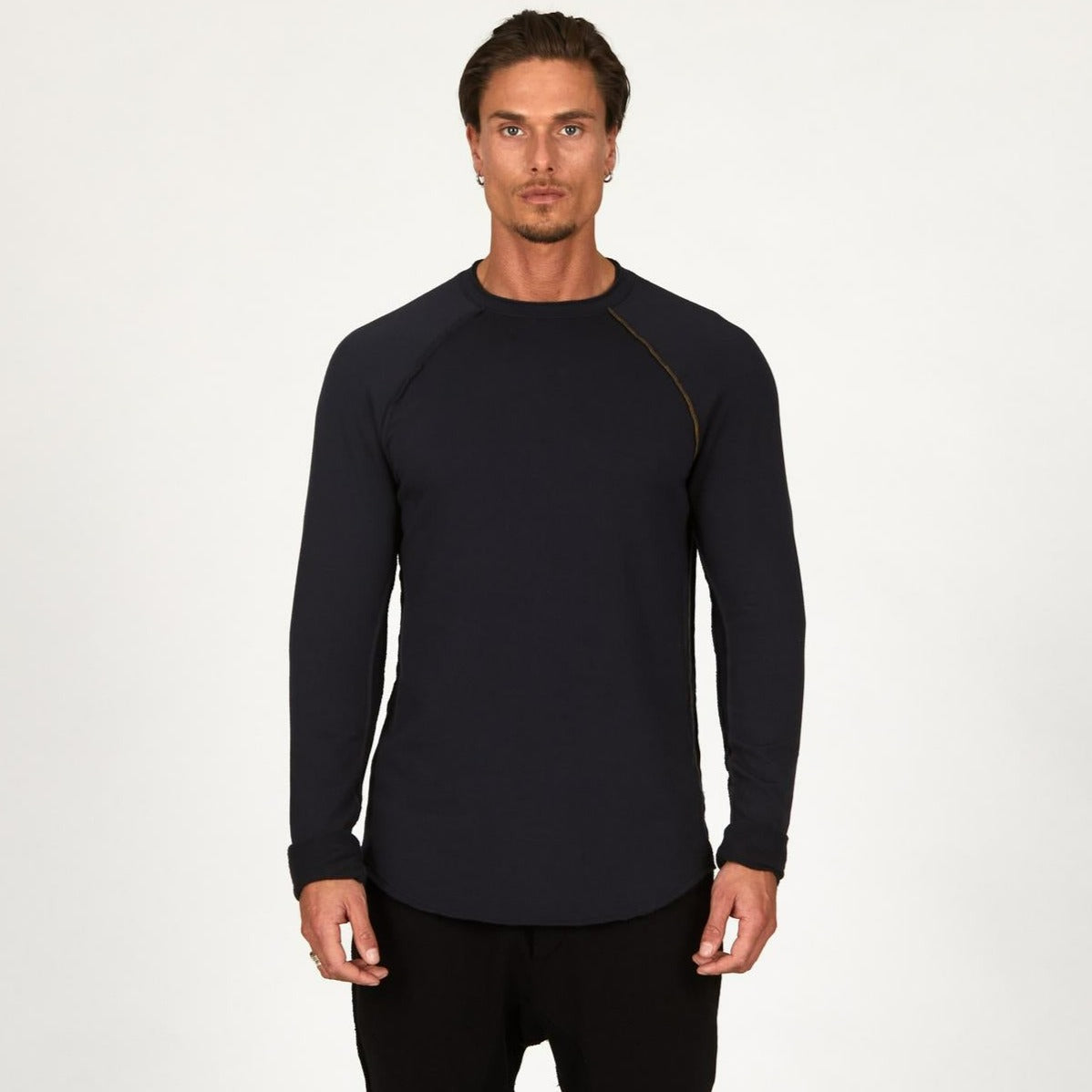 Male modeling black long sleeve raglan