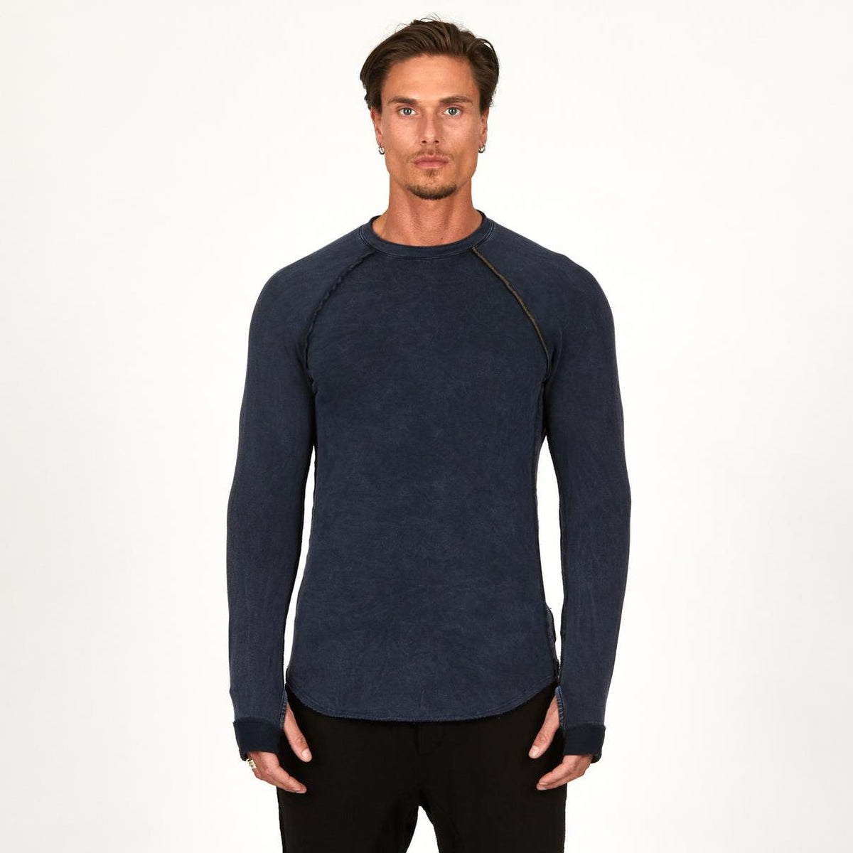 Male modeling dark blue long sleeve raglan