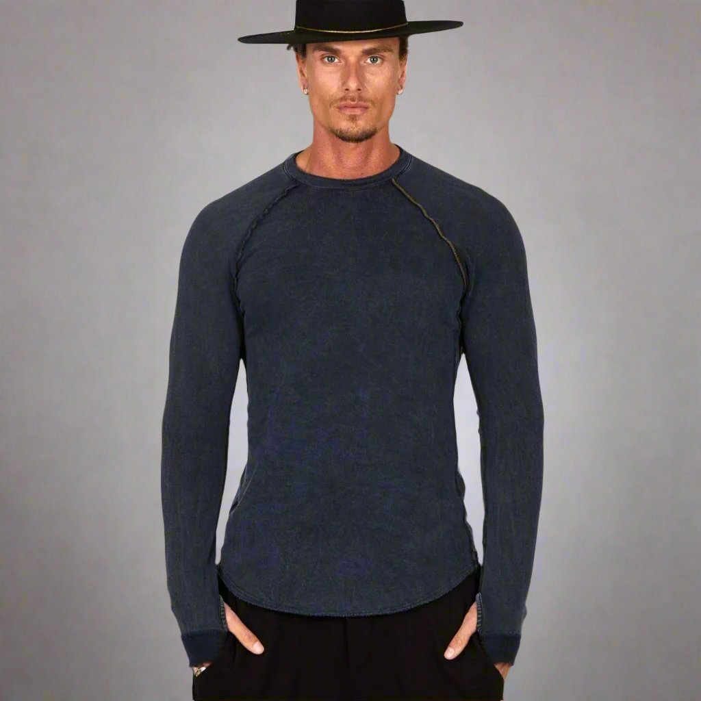 Male modeling dark blue long sleeve raglan