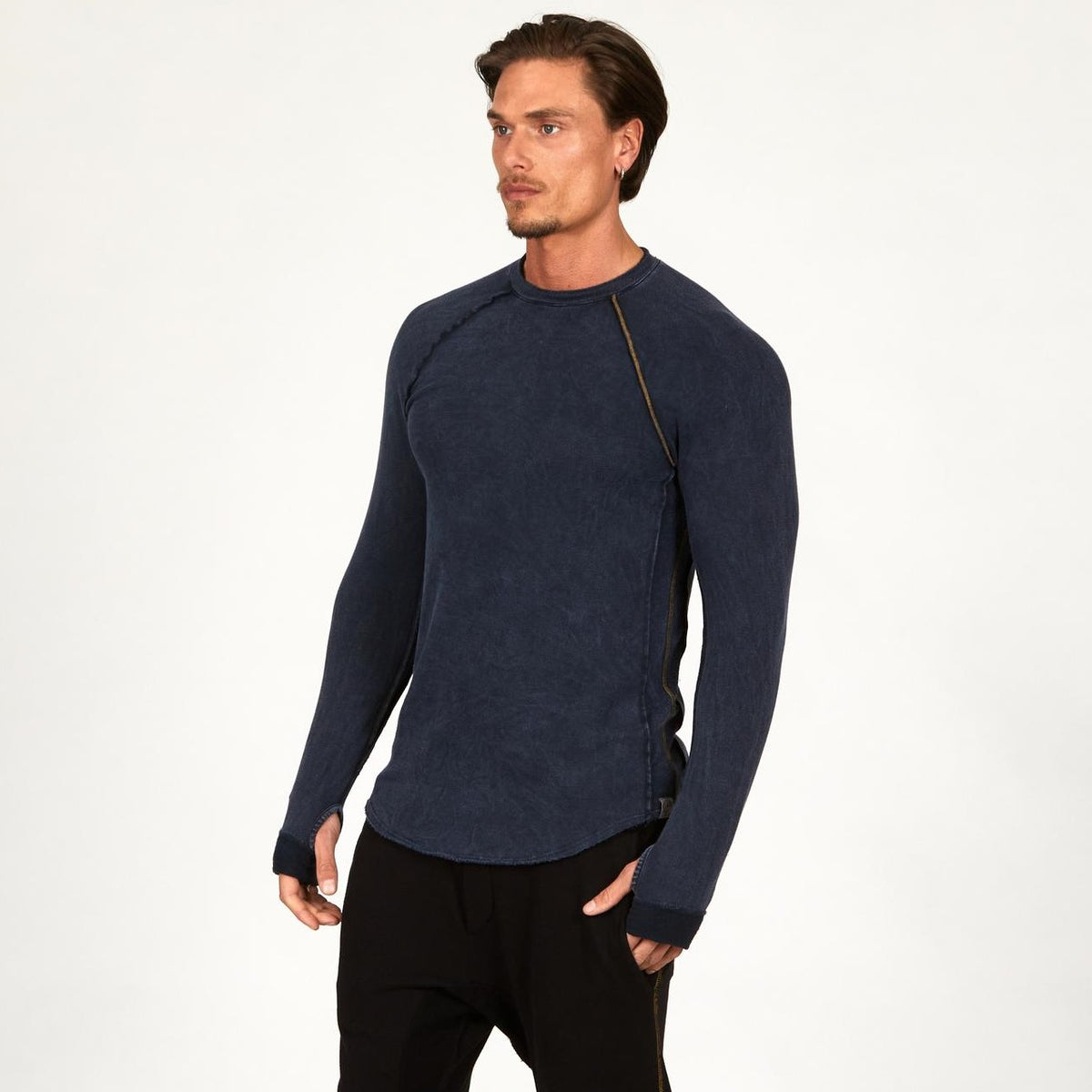 Male modeling dark blue long sleeve raglan