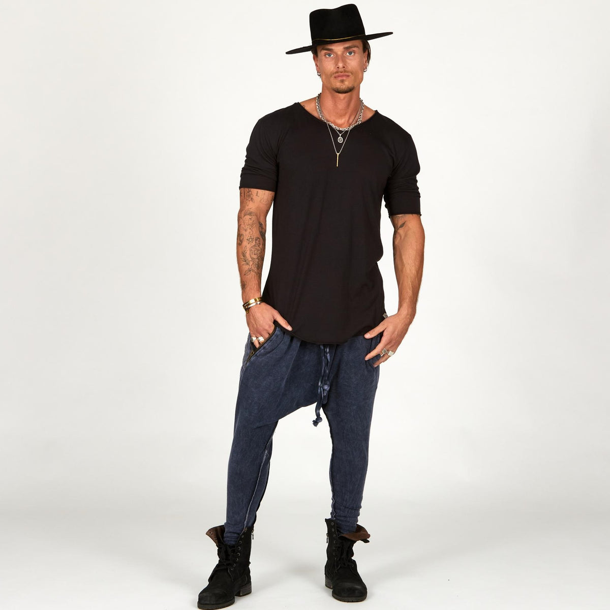 Male modeling Blue Mineral colored pants