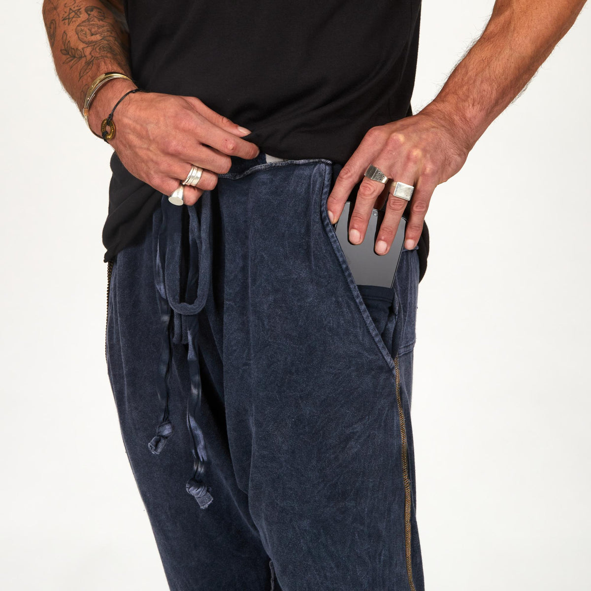 Male modeling Blue Mineral colored pants