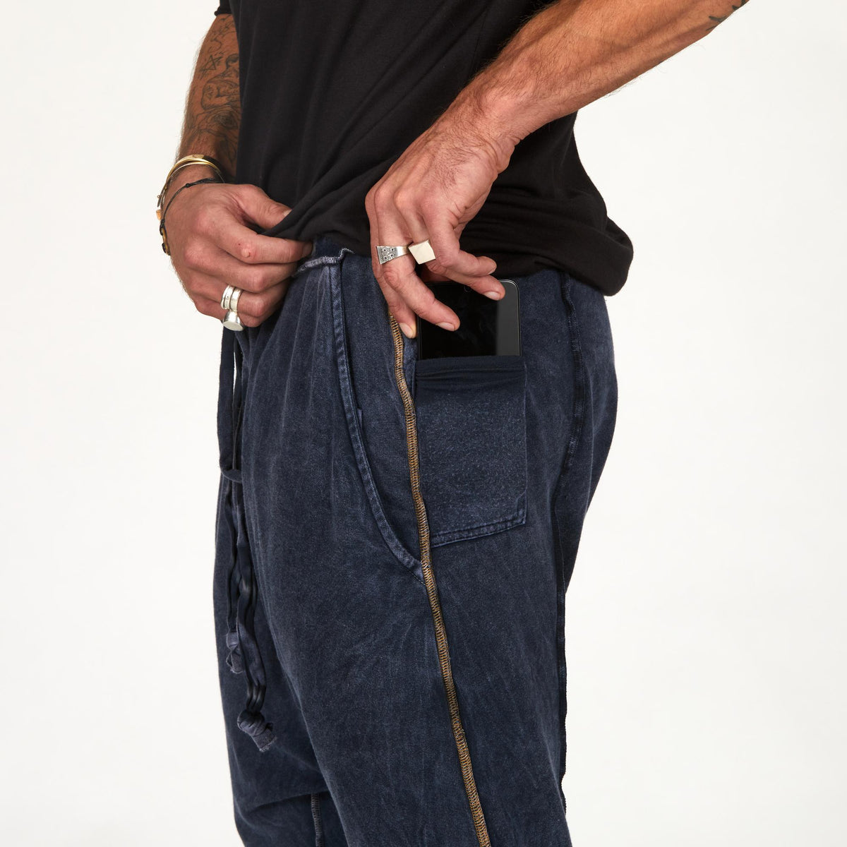 Male modeling Blue Mineral colored pants
