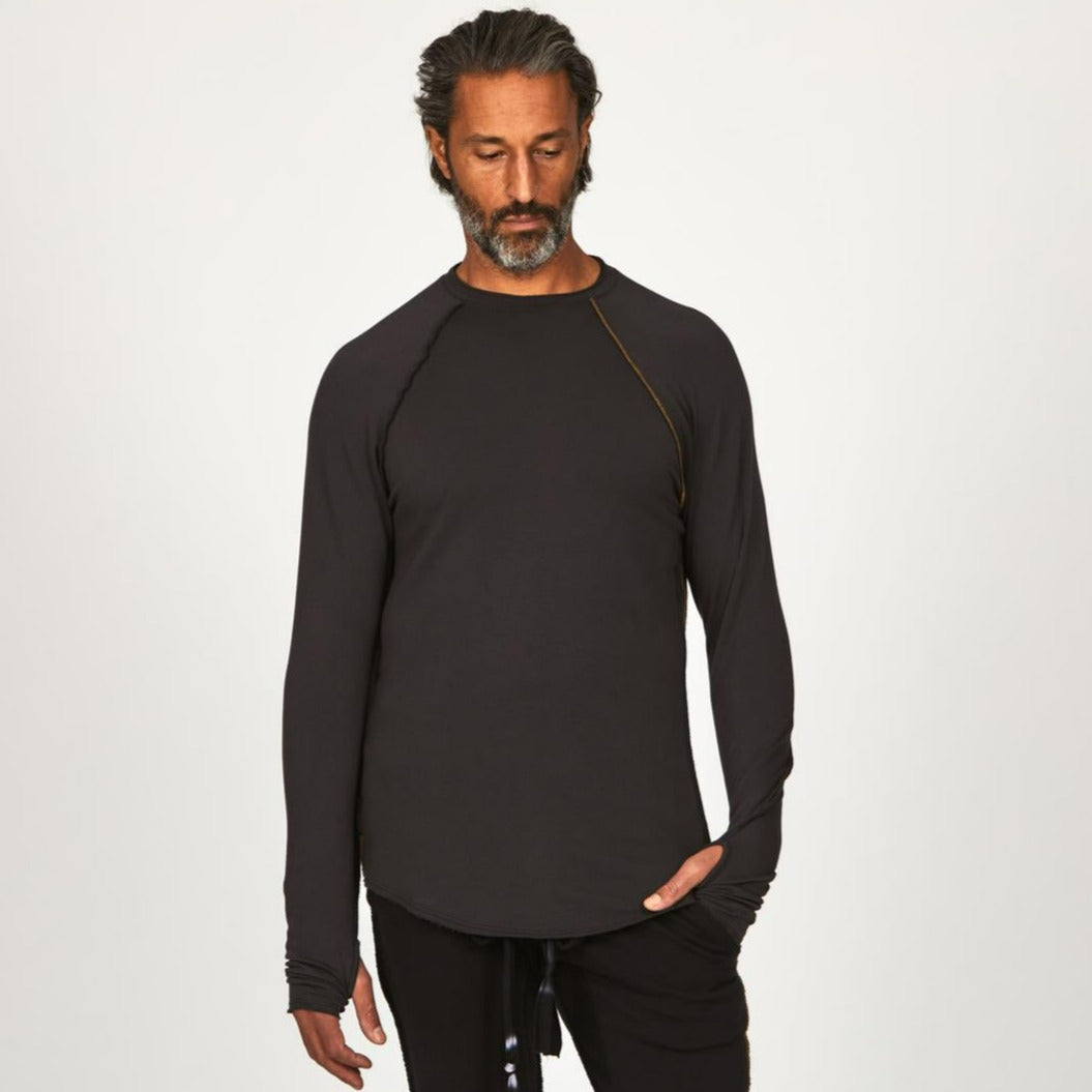 Male modeling dark long sleeve raglan