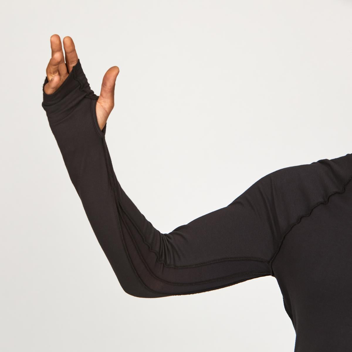 Male modeling dark long sleeve raglan