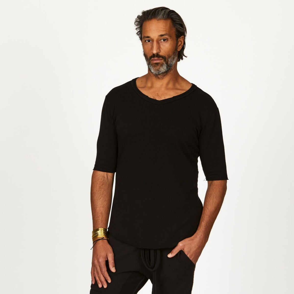 A man modeling in a black sweater v neck shirt