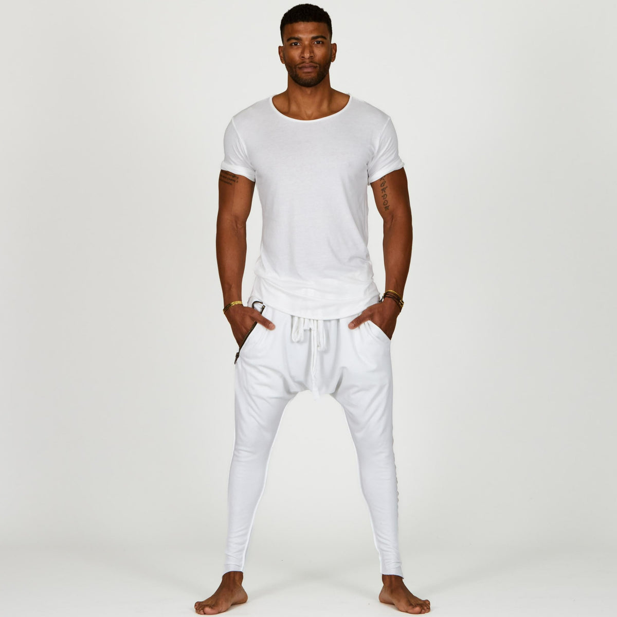 male modeling white tree pants