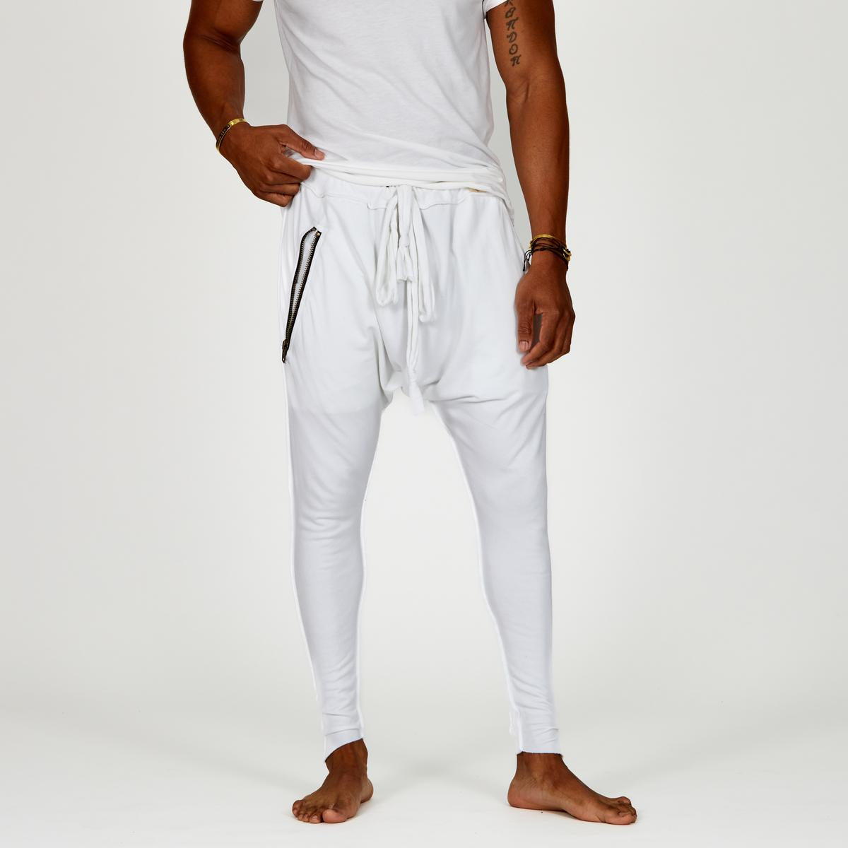 male modeling white tree pants