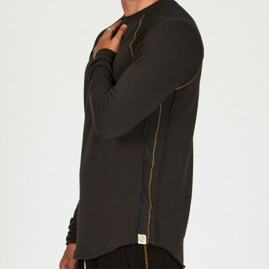 Male modeling dark long sleeve raglan