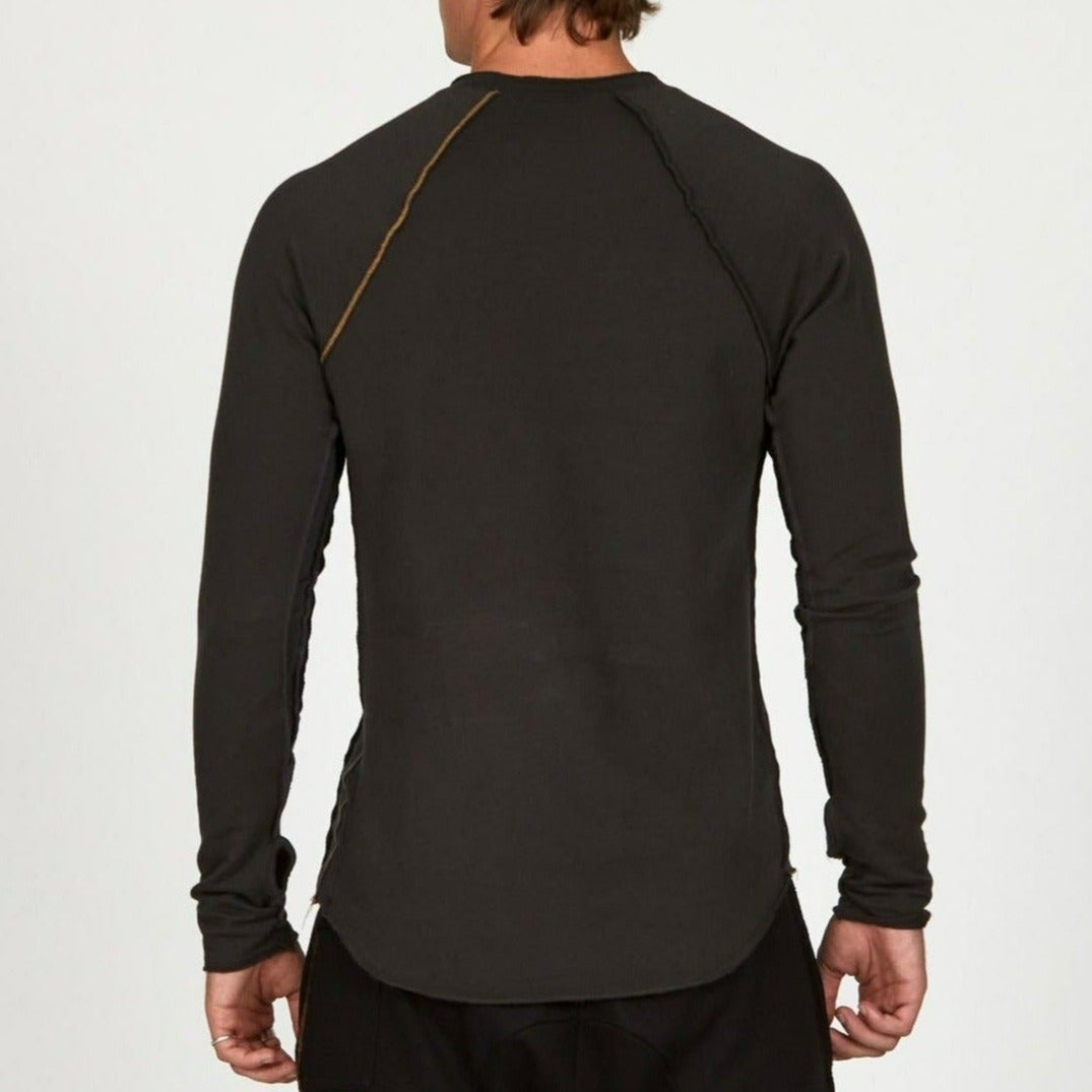 Male modeling dark long sleeve raglan
