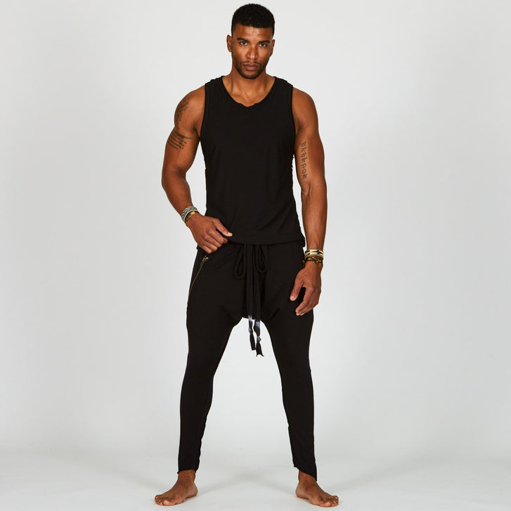 Male modeling Black Onyx colored pants