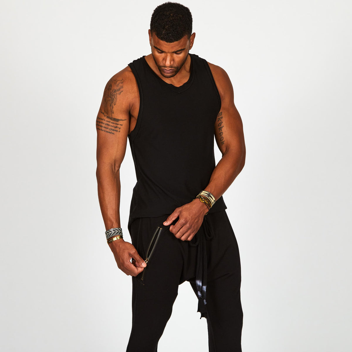 Male modeling Black Onyx colored pants