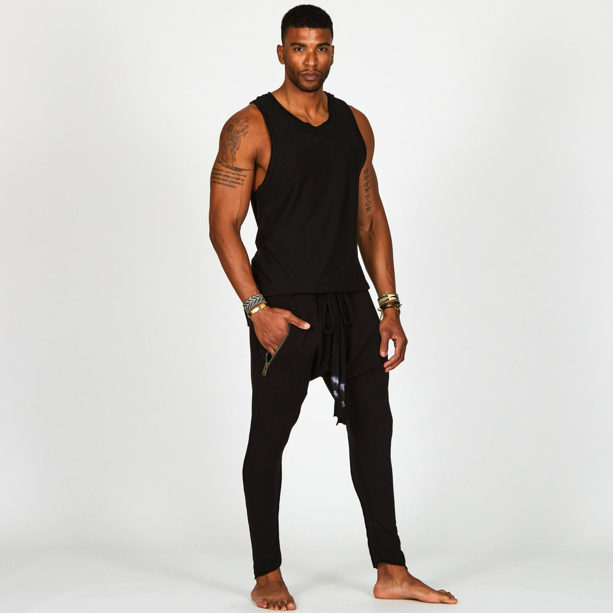 Male modeling Black Onyx colored pants