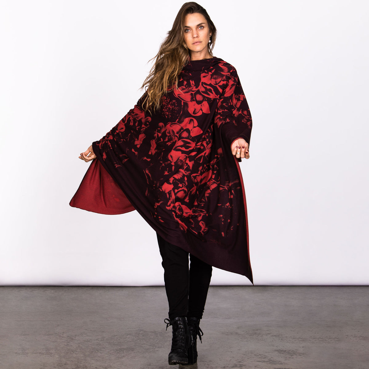 Woman modeling red Benzova nature wrap